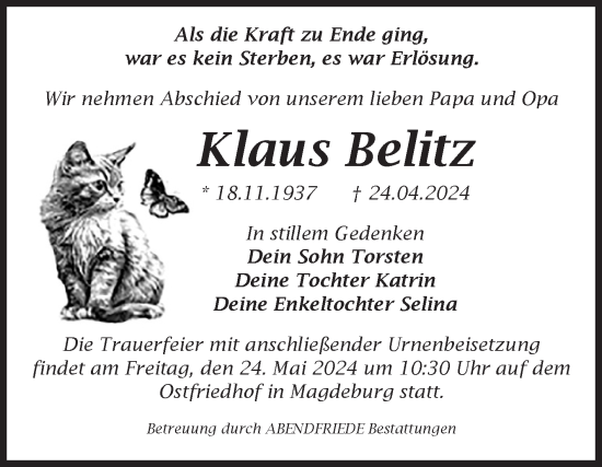 Traueranzeige von Klaus Belitz von Volksstimme Magdeburg