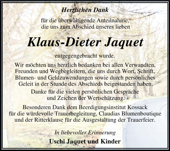 Traueranzeige von Klaus-Dieter Jaquet von Trauerkombi Dessau