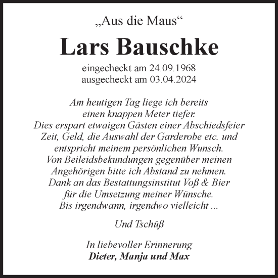Traueranzeige von Lars Bauschke von Volksstimme Wernigerode