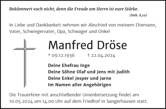 Traueranzeige von Manfred Dröse von Trauerkombi Sangerhausen