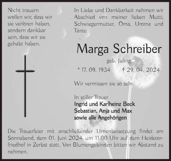 Traueranzeige von Marga Schrieber von Volksstimme Zerbst