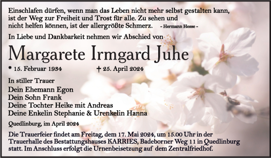 Traueranzeige von Margarete Irmgard Juhe von Trauerkombi Quedlinburg