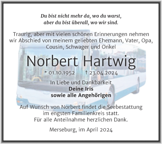 Traueranzeige von Norbert Hartwig von Trauerkombi Merseburg