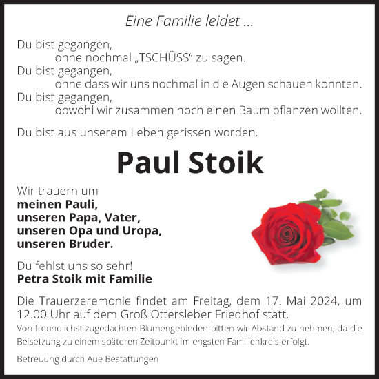 Traueranzeige von Paul Stoik von Volksstimme Magdeburg
