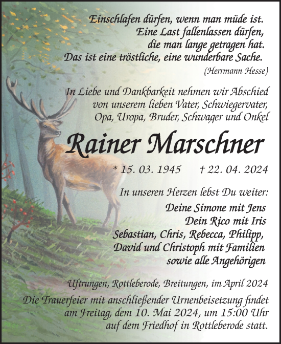 Traueranzeige von Rainer Marschner von Trauerkombi Sangerhausen