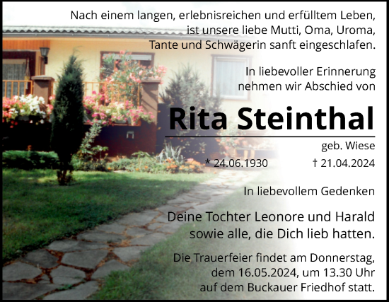 Traueranzeige von Rita Steinthai von Volksstimme Magdeburg