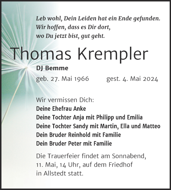Traueranzeige von Thomas Krempler von Trauerkombi Sangerhausen