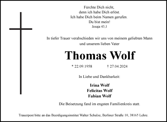 Traueranzeige von Thomas Wolf von Volksstimme Magdeburg