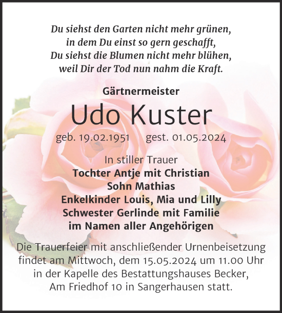 Traueranzeige von Udo Kuster von Trauerkombi Sangerhausen