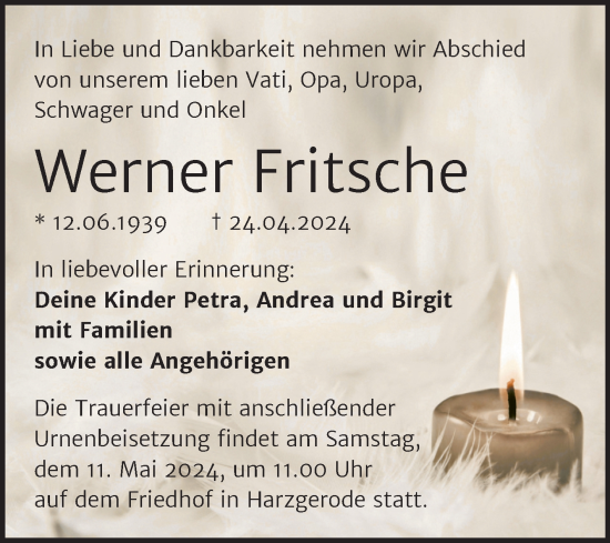 Traueranzeige von Werner Fritsche von Trauerkombi Quedlinburg