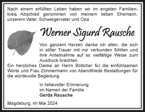Traueranzeige von Werner Sigurd Rausche von Volksstimme Magdeburg