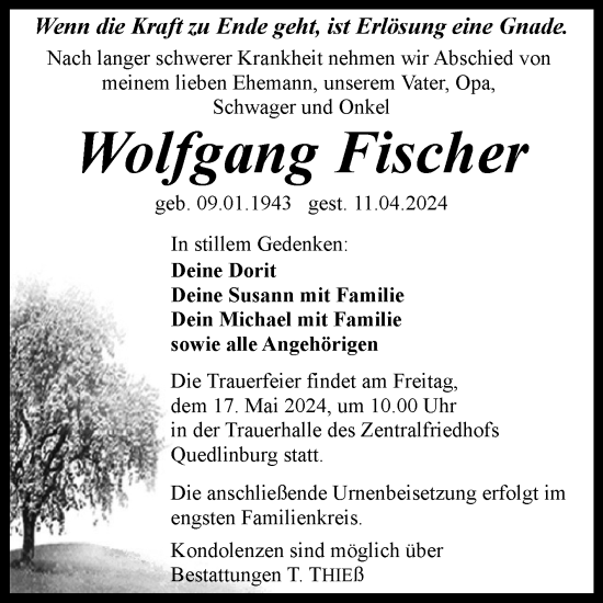 Traueranzeige von Wolfgang Fischer von Trauerkombi Quedlinburg