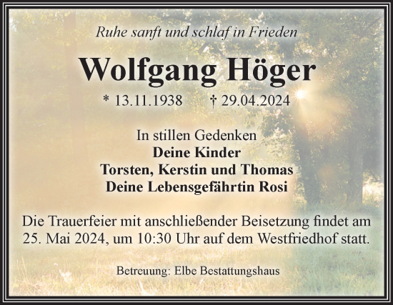 Traueranzeige von Wolfgang Höger von Volksstimme Magdeburg